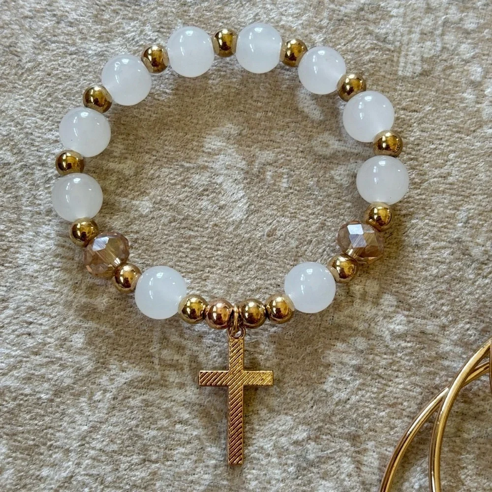 A New Day 3-Pack Gold Tone Hoop Earrings White Beaded Stretch Bracelet w/ Cross - Picture 7 of 11